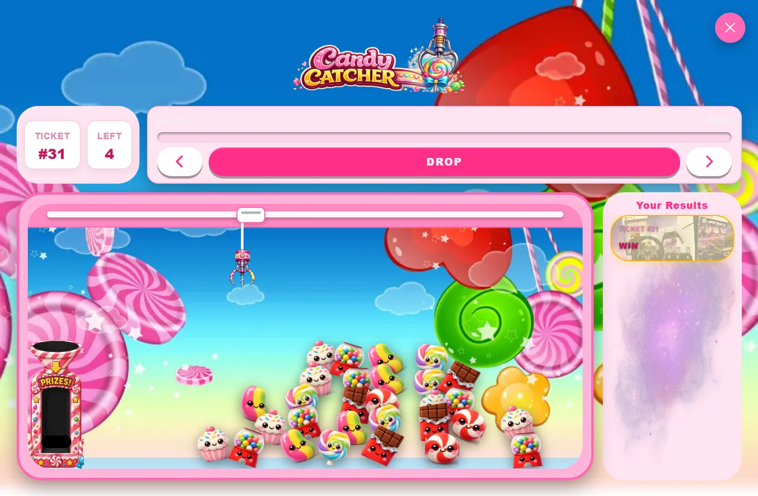 Prize Grab Claw — Candy Catcher, results rail on the right