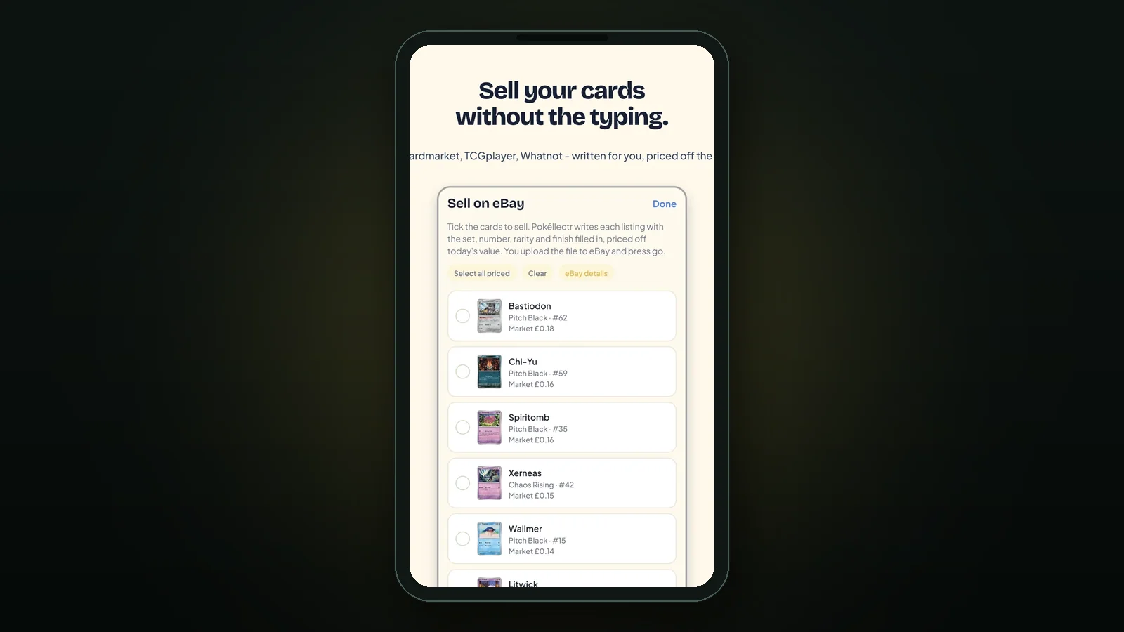 Sell on eBay — tick the cards, it writes every listing priced off today's market