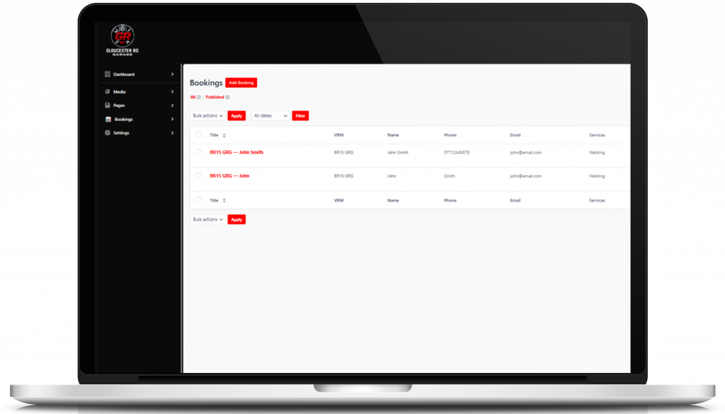 Admin Booking Dashboard (Desktop View)