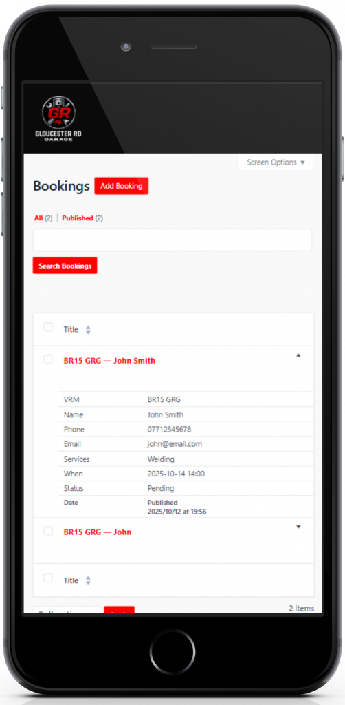 Admin Booking Dashboard (Mobile View)